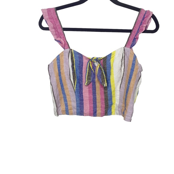 BP Brass Plum Pink Striped Cropped Top Sleeveless Linen Blend Ruffle Sz medium - Picture 2 of 4